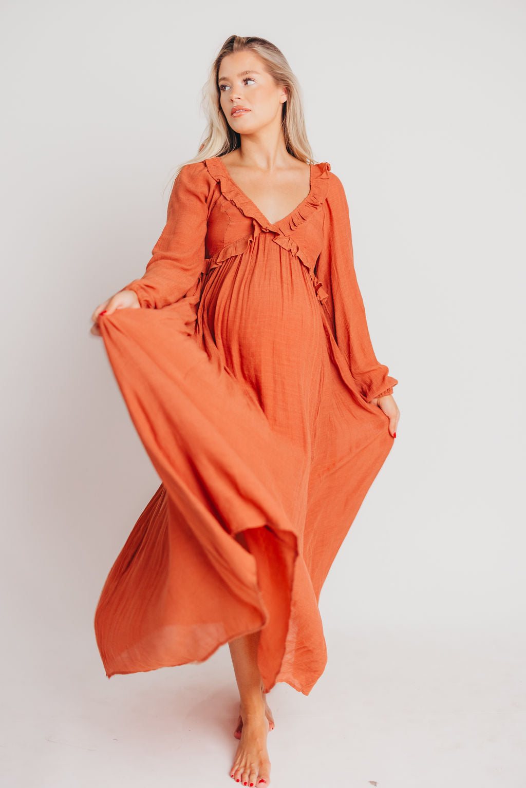 FINAL FEW! Let It Be Ruffled Maxi Dress with Plunging Neckline in Terracotta - Bump Friendly - INCLUSIVE SIZING S-2XL (Cannot Restock)