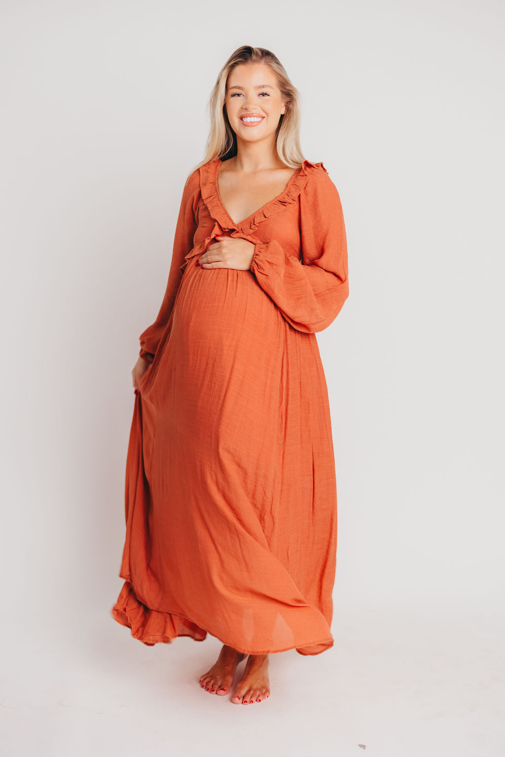 FINAL FEW! Let It Be Ruffled Maxi Dress with Plunging Neckline in Terracotta - Bump Friendly - INCLUSIVE SIZING S-2XL (Cannot Restock)