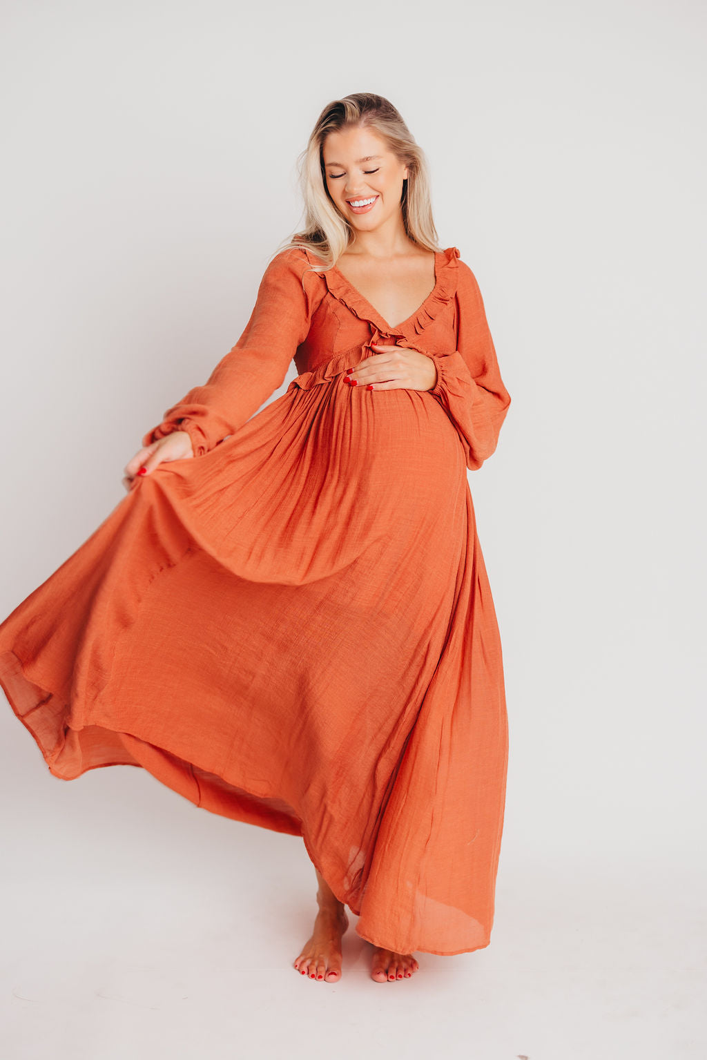 FINAL FEW! Let It Be Ruffled Maxi Dress with Plunging Neckline in Terracotta - Bump Friendly - INCLUSIVE SIZING S-2XL (Cannot Restock)
