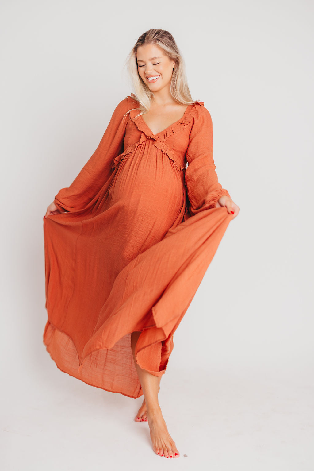 FINAL FEW! Let It Be Ruffled Maxi Dress with Plunging Neckline in Terracotta - Bump Friendly - INCLUSIVE SIZING S-2XL (Cannot Restock)