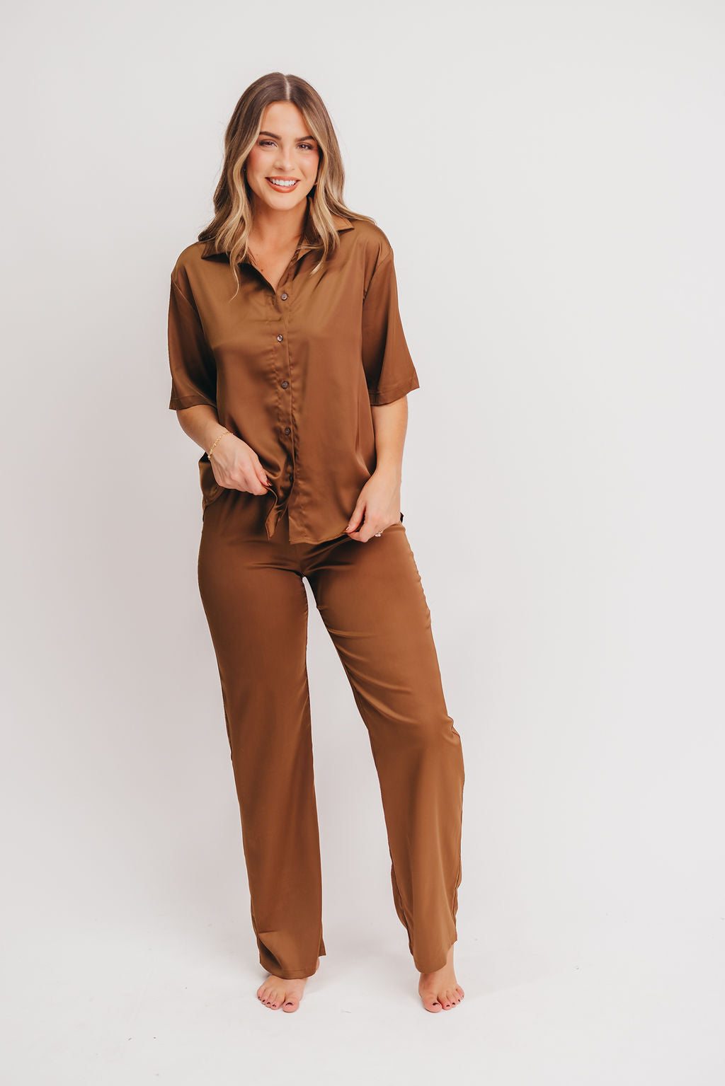 Matt Satin Button-Up Shirt in Brown