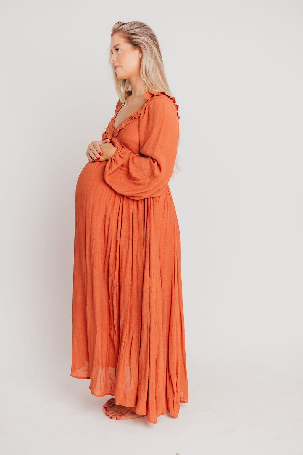 FINAL FEW! Let It Be Ruffled Maxi Dress with Plunging Neckline in Terracotta - Bump Friendly - INCLUSIVE SIZING S-2XL (Cannot Restock)