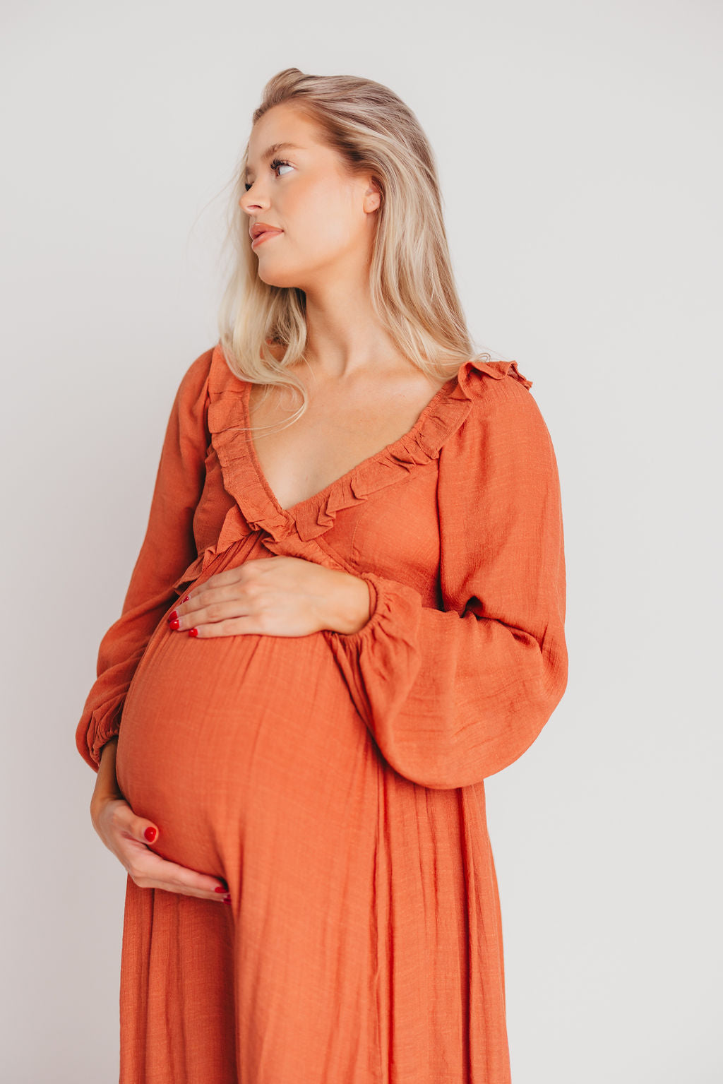 FINAL FEW! Let It Be Ruffled Maxi Dress with Plunging Neckline in Terracotta - Bump Friendly - INCLUSIVE SIZING S-2XL (Cannot Restock)