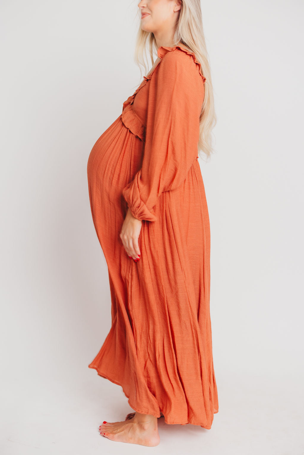 FINAL FEW! Let It Be Ruffled Maxi Dress with Plunging Neckline in Terracotta - Bump Friendly - INCLUSIVE SIZING S-2XL (Cannot Restock)