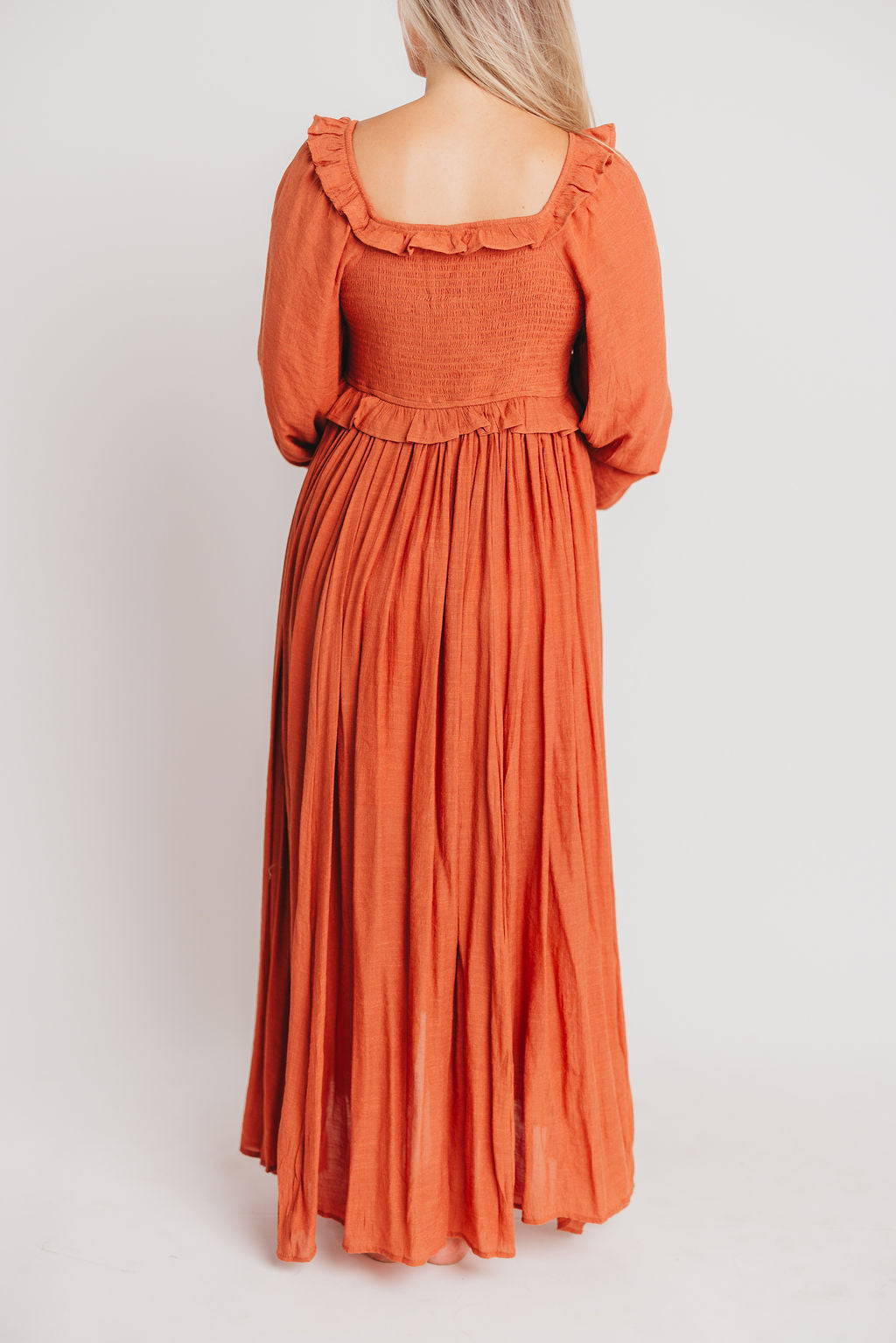 FINAL FEW! Let It Be Ruffled Maxi Dress with Plunging Neckline in Terracotta - Bump Friendly - INCLUSIVE SIZING S-2XL (Cannot Restock)