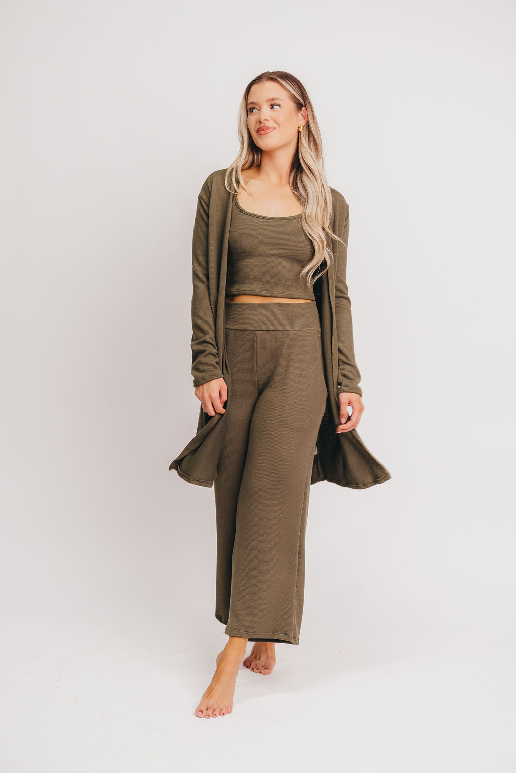 Birdie Ribbed Tank and Wide Leg Pant Set in Olive - Inclusive Sizing (S-2X)