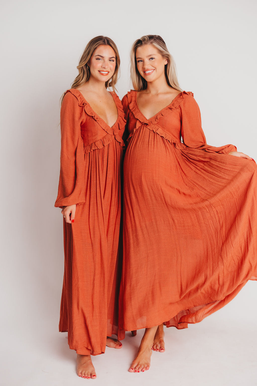 FINAL FEW! Let It Be Ruffled Maxi Dress with Plunging Neckline in Terracotta - Bump Friendly - INCLUSIVE SIZING S-2XL (Cannot Restock)