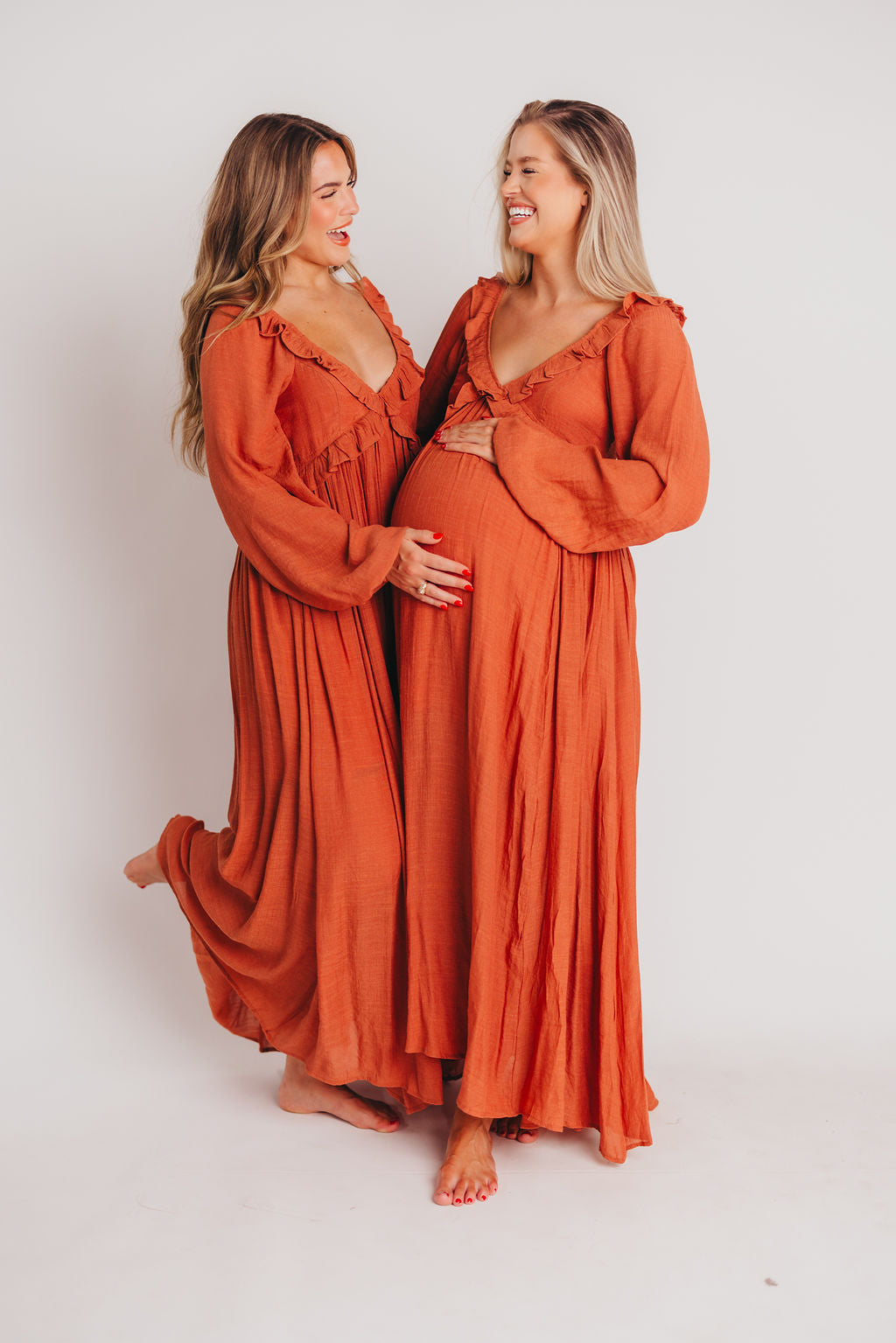 FINAL FEW! Let It Be Ruffled Maxi Dress with Plunging Neckline in Terracotta - Bump Friendly - INCLUSIVE SIZING S-2XL (Cannot Restock)
