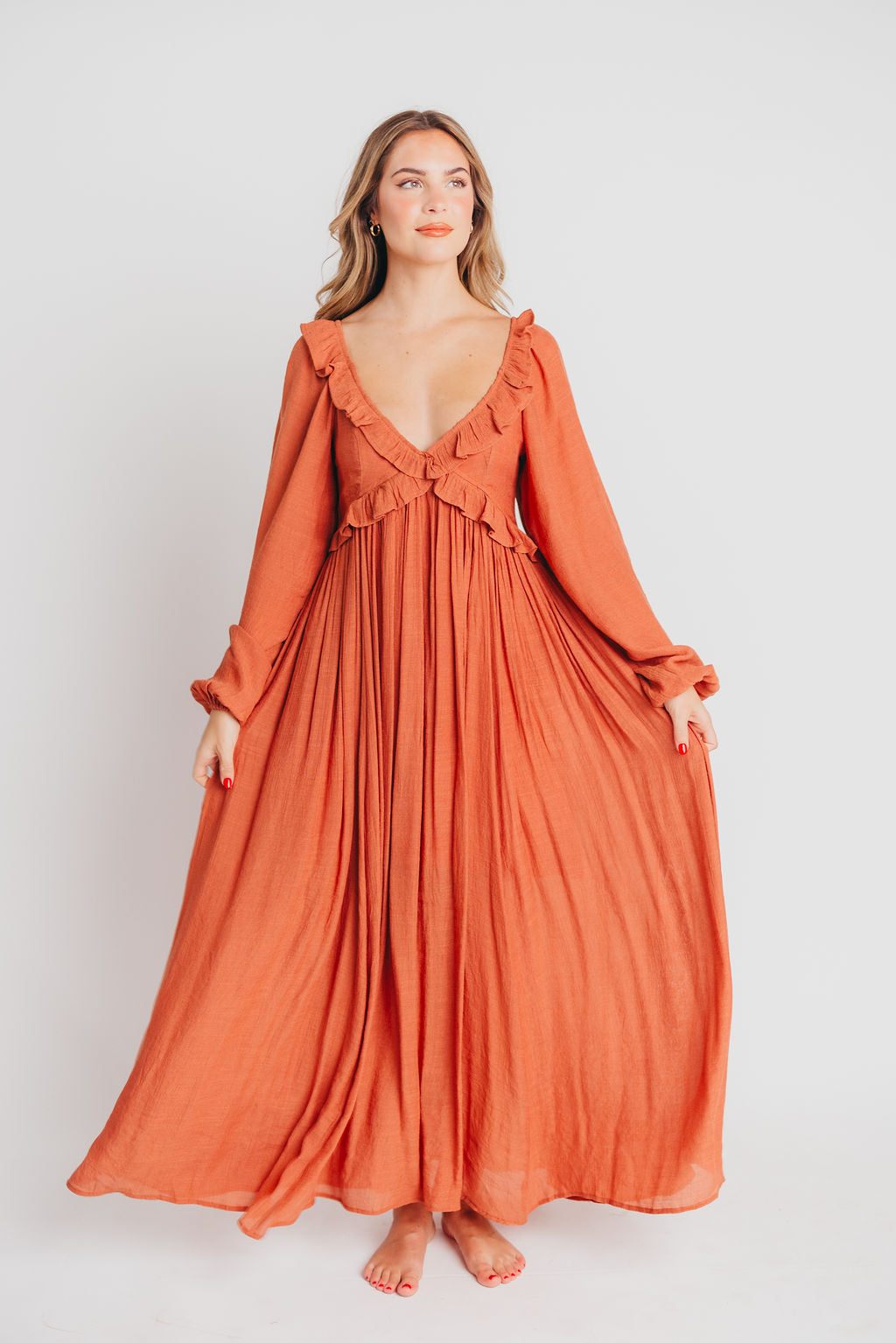 FINAL FEW! Let It Be Ruffled Maxi Dress with Plunging Neckline in Terracotta - Bump Friendly - INCLUSIVE SIZING S-2XL (Cannot Restock)