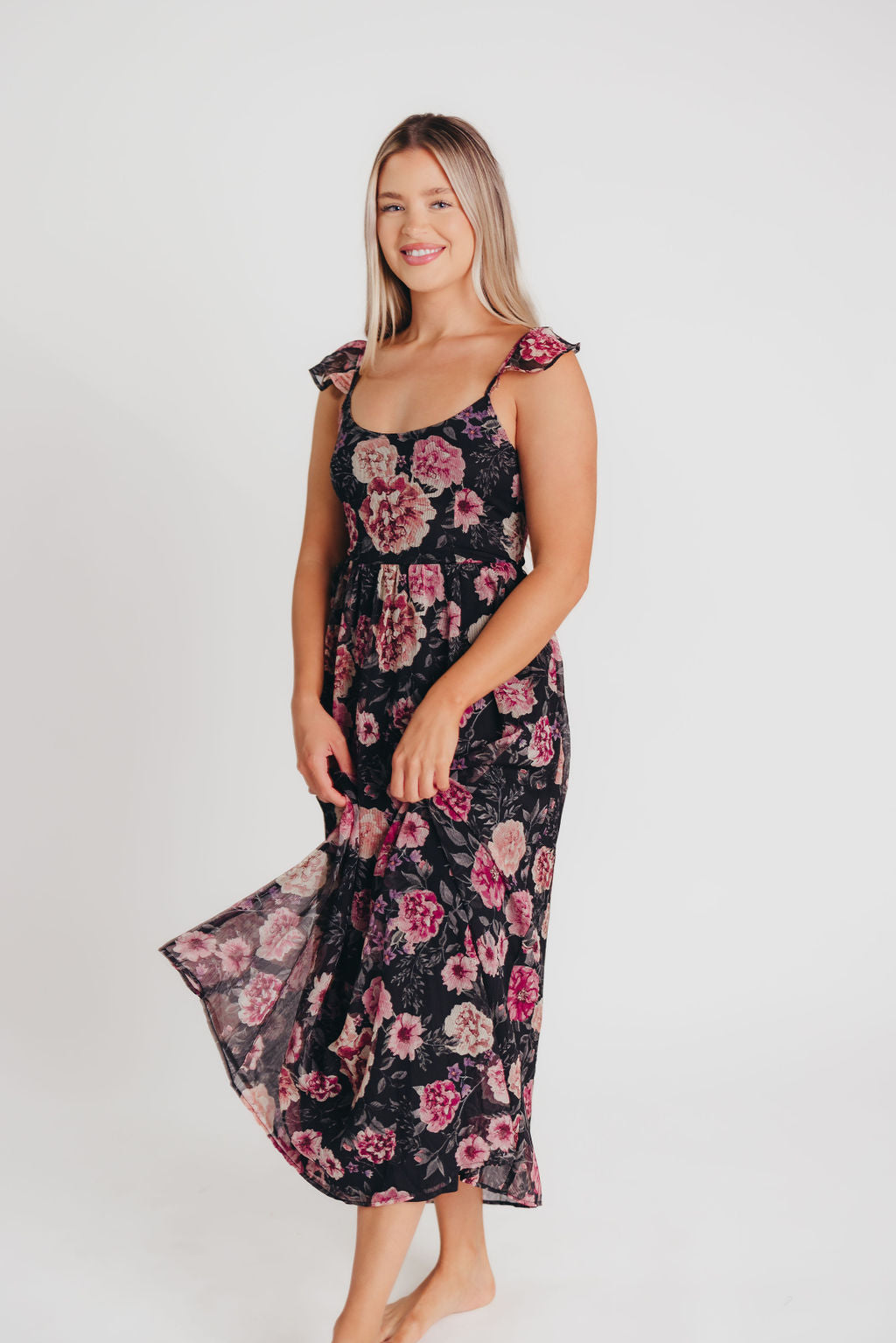 Tuva Flutter Sleeve Maxi Dress in Black Rose