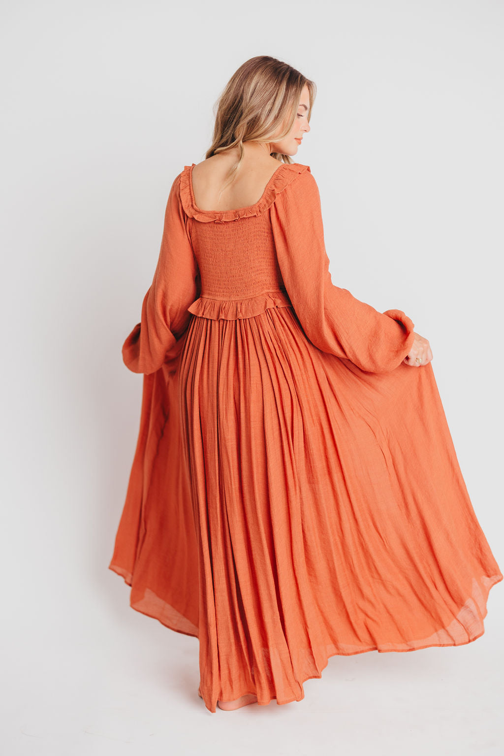 FINAL FEW! Let It Be Ruffled Maxi Dress with Plunging Neckline in Terracotta - Bump Friendly - INCLUSIVE SIZING S-2XL (Cannot Restock)