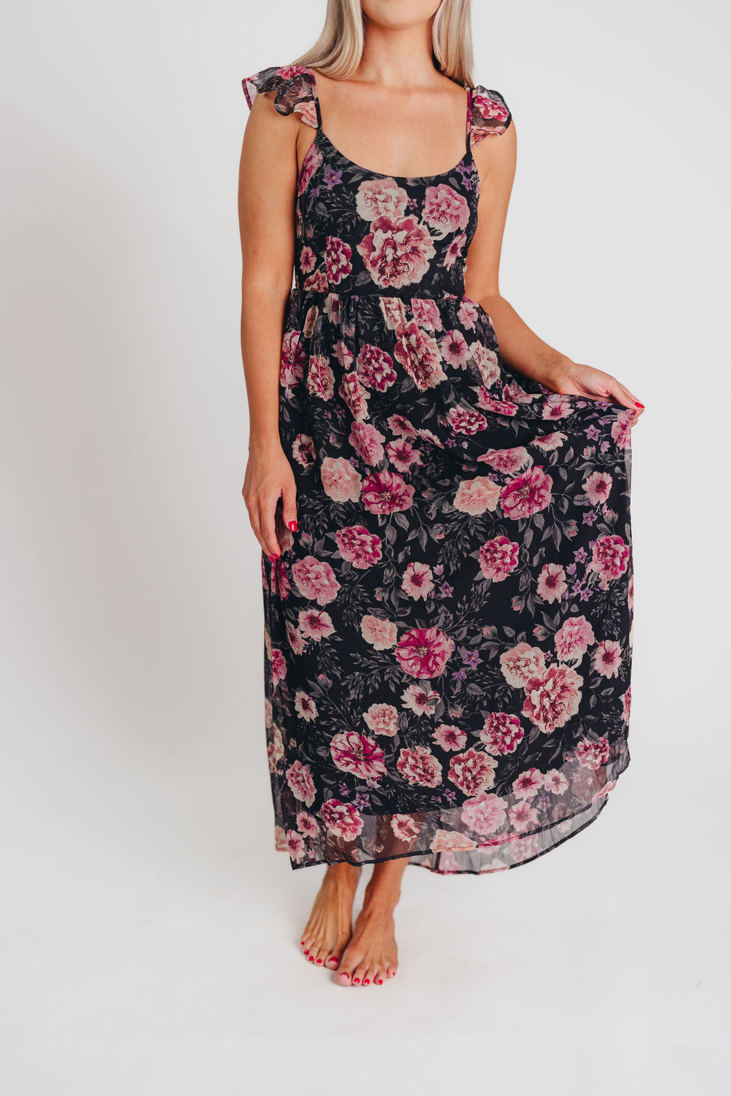 Tuva Flutter Sleeve Maxi Dress in Black Rose