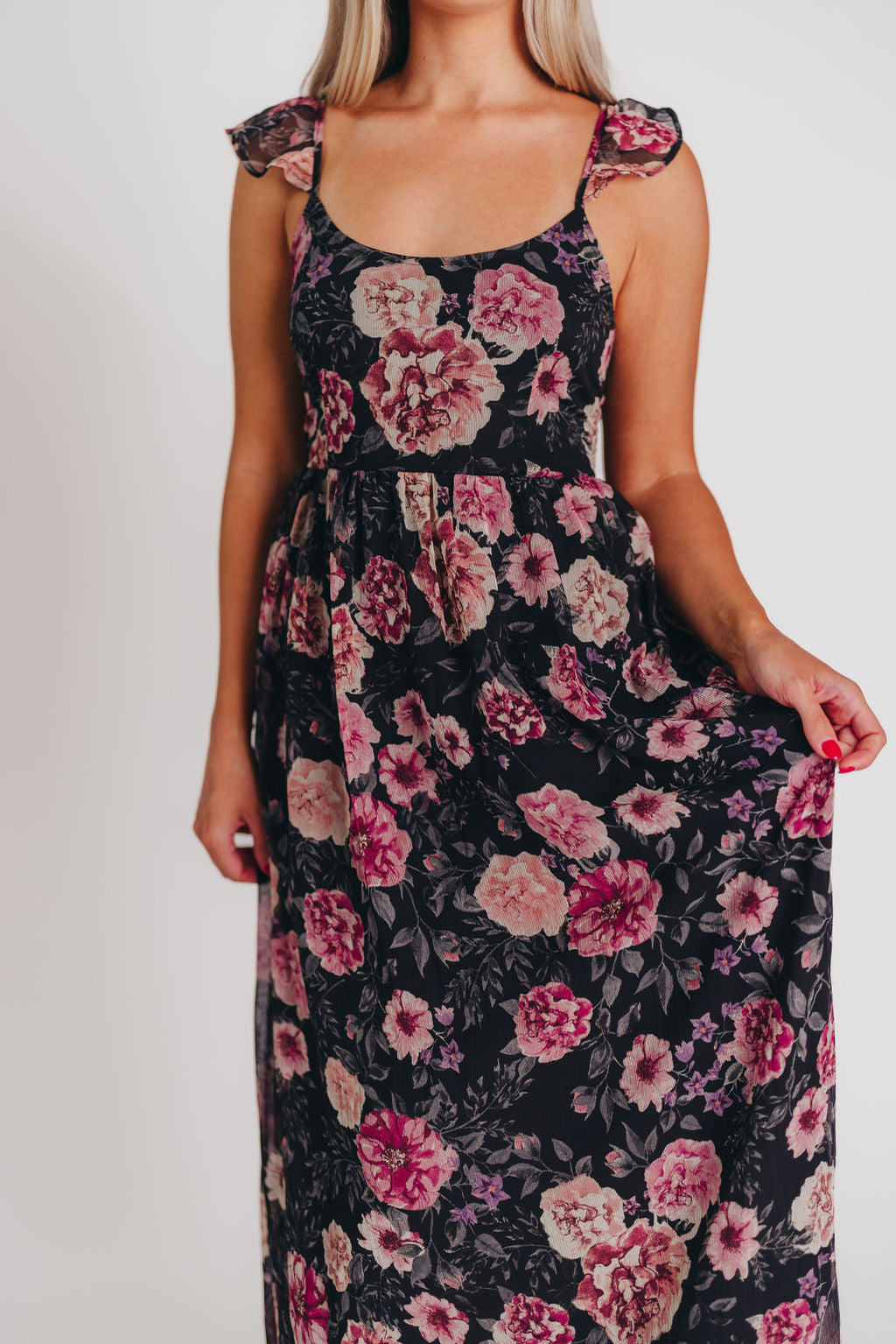 Tuva Flutter Sleeve Maxi Dress in Black Rose