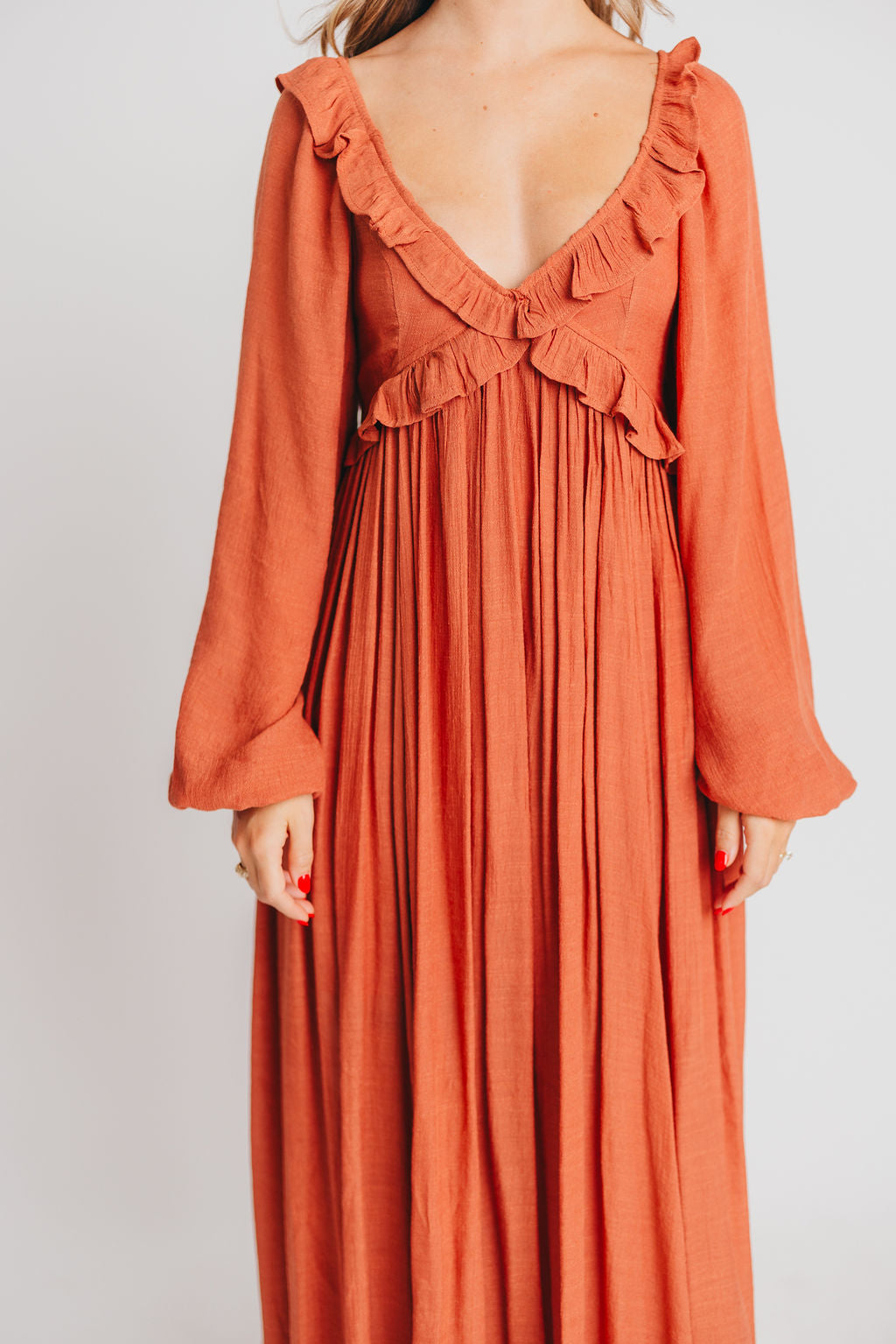 FINAL FEW! Let It Be Ruffled Maxi Dress with Plunging Neckline in Terracotta - Bump Friendly - INCLUSIVE SIZING S-2XL (Cannot Restock)