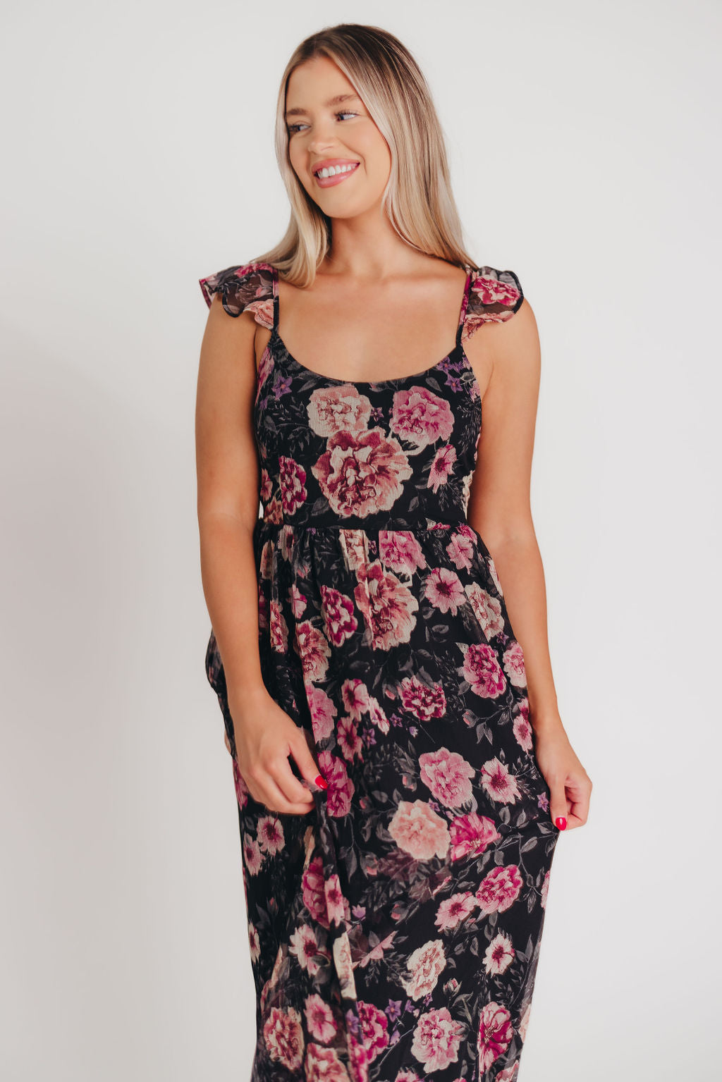 Tuva Flutter Sleeve Maxi Dress in Black Rose