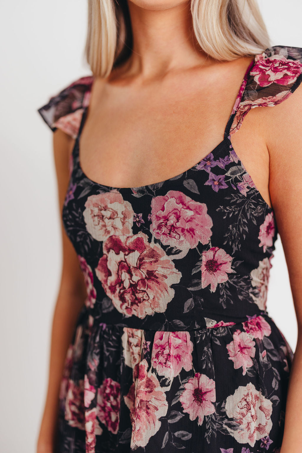 Tuva Flutter Sleeve Maxi Dress in Black Rose