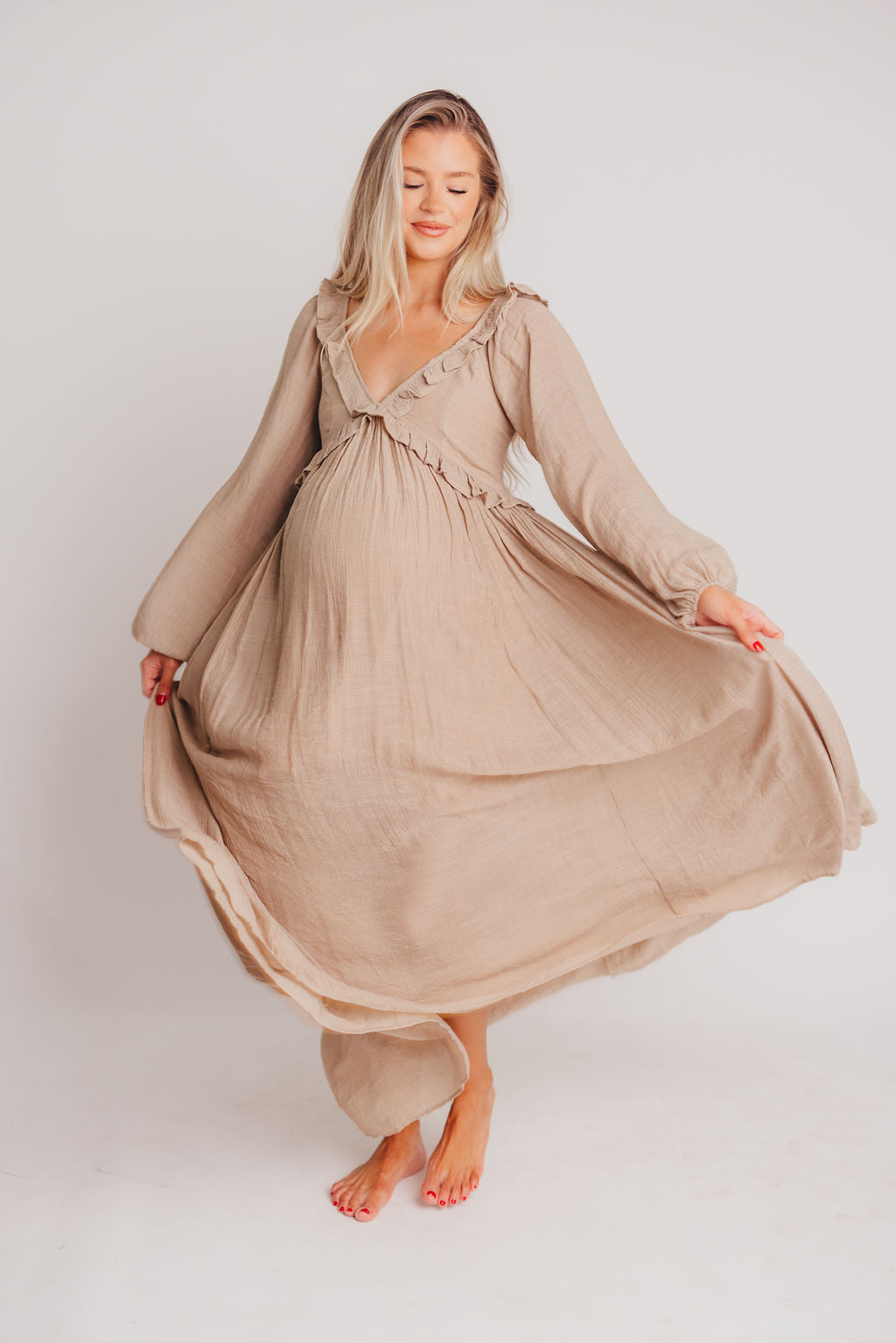 Let It Be Ruffled Maxi Dress with Plunging Neckline in Sand - Bump Friendly - INCLUSIVE SIZING S-2XL