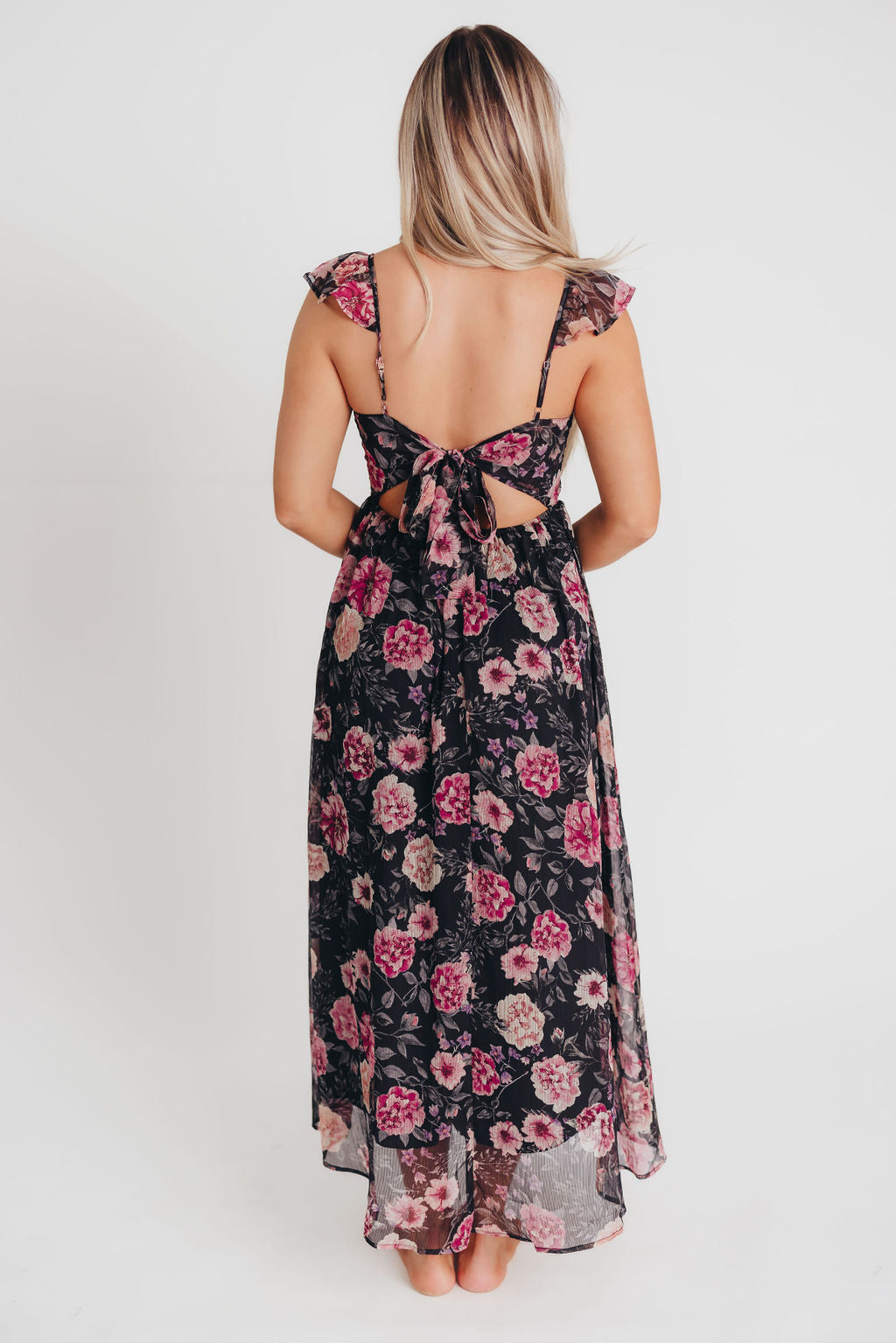 Tuva Flutter Sleeve Maxi Dress in Black Rose