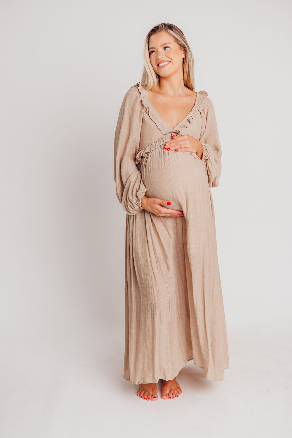 Let It Be Ruffled Maxi Dress with Plunging Neckline in Sand - Bump Friendly - INCLUSIVE SIZING S-2XL