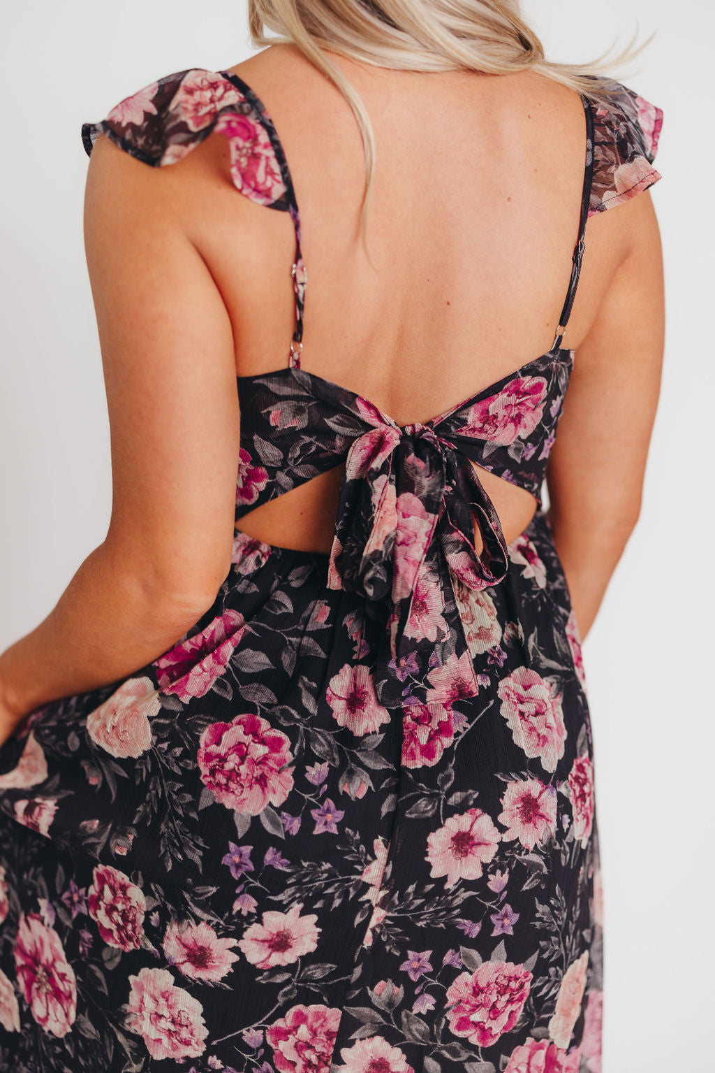 Tuva Flutter Sleeve Maxi Dress in Black Rose