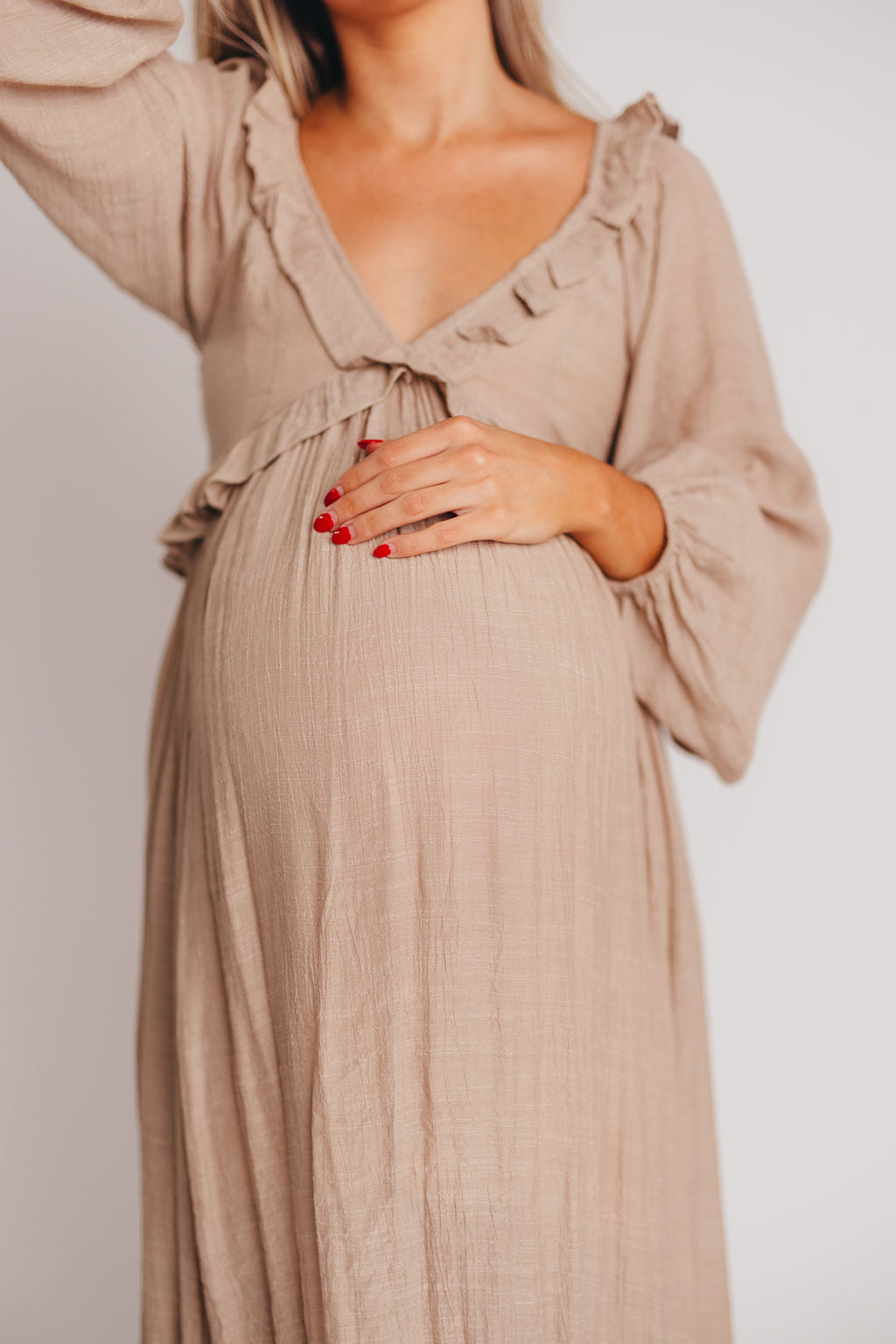 Let It Be Ruffled Maxi Dress with Plunging Neckline in Sand - Bump Friendly - INCLUSIVE SIZING S-2XL