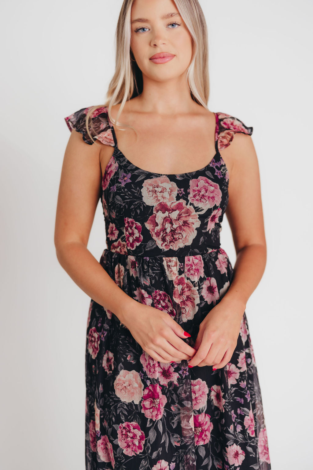 Tuva Flutter Sleeve Maxi Dress in Black Rose