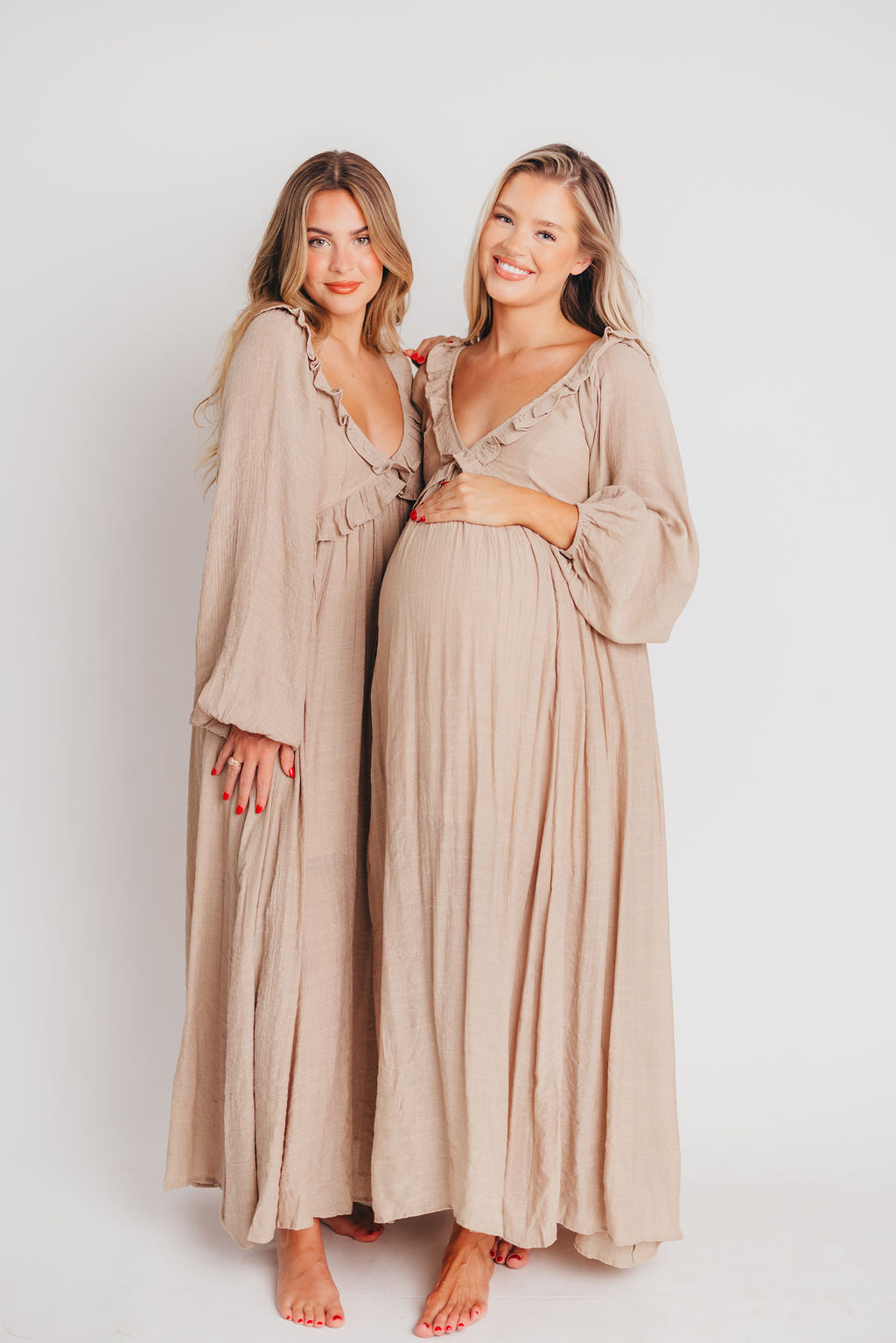 Let It Be Ruffled Maxi Dress with Plunging Neckline in Sand - Bump Friendly - INCLUSIVE SIZING S-2XL