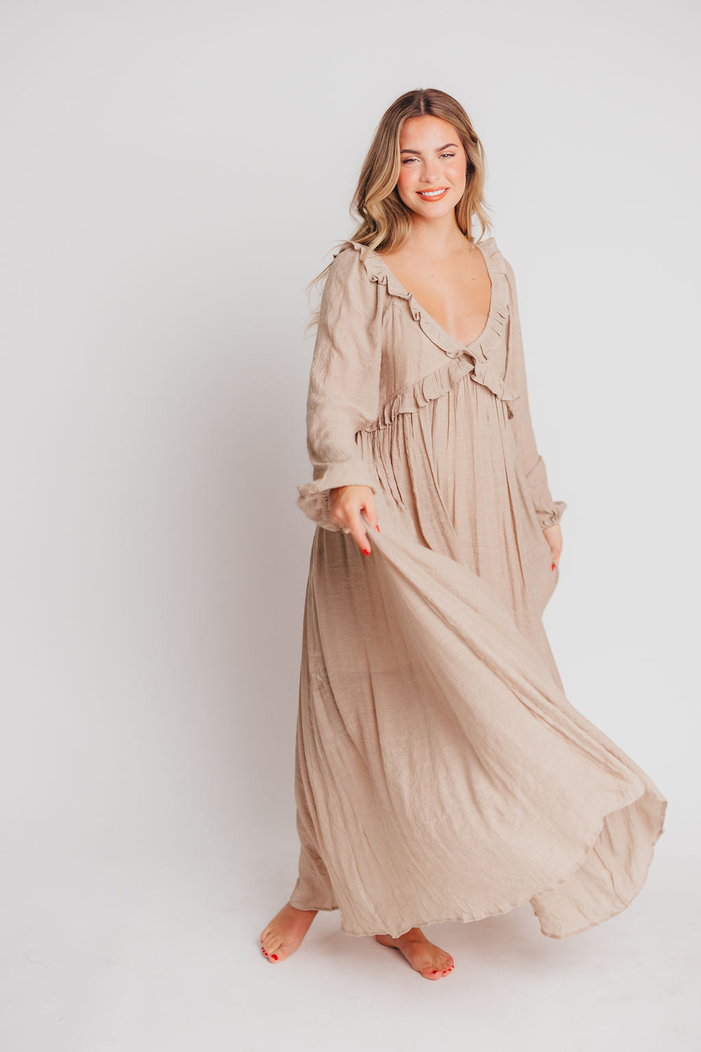 Let It Be Ruffled Maxi Dress with Plunging Neckline in Sand - Bump Friendly - INCLUSIVE SIZING S-2XL