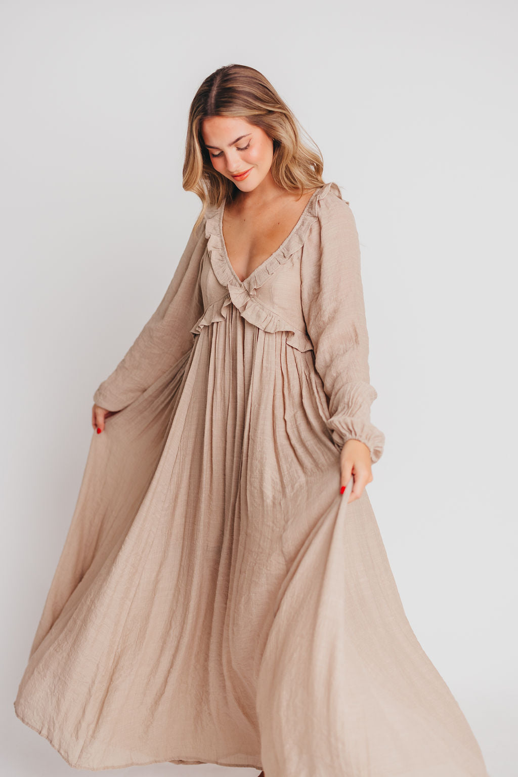 Let It Be Ruffled Maxi Dress with Plunging Neckline in Sand - Bump Friendly - INCLUSIVE SIZING S-2XL