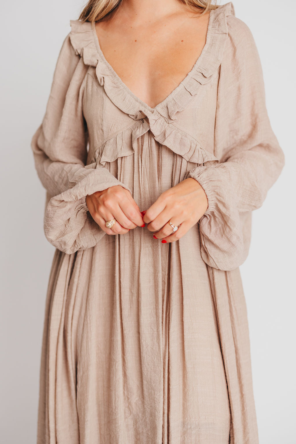 Let It Be Ruffled Maxi Dress with Plunging Neckline in Sand - Bump Friendly - INCLUSIVE SIZING S-2XL