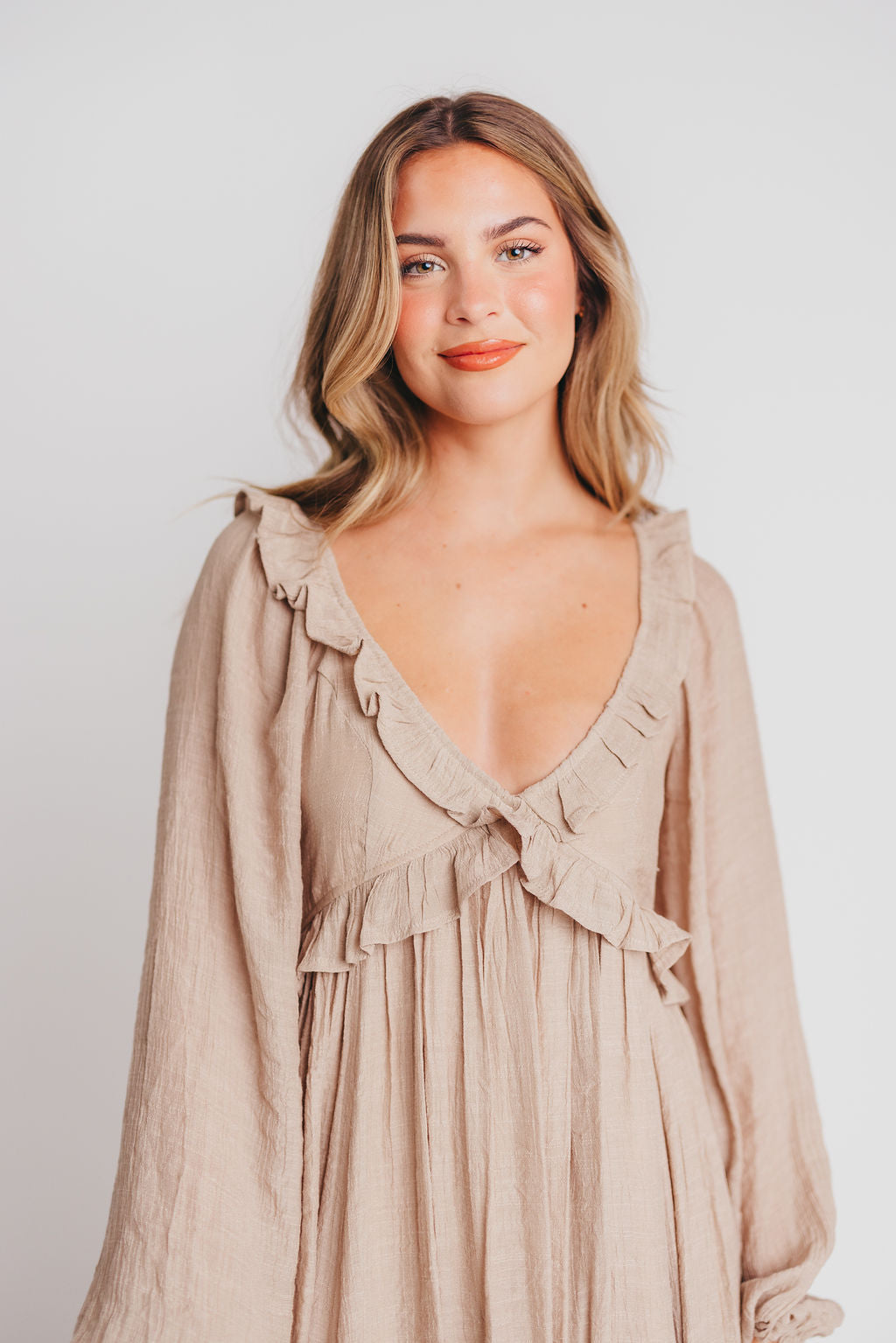 Let It Be Ruffled Maxi Dress with Plunging Neckline in Sand - Bump Friendly - INCLUSIVE SIZING S-2XL