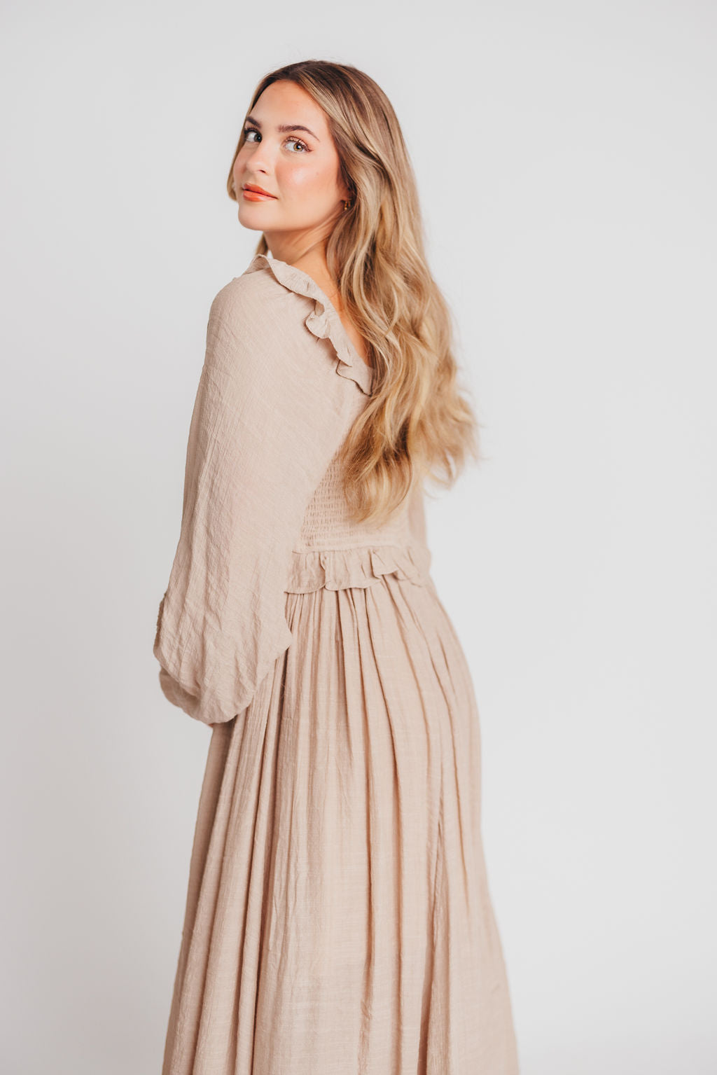 Let It Be Ruffled Maxi Dress with Plunging Neckline in Sand - Bump Friendly - INCLUSIVE SIZING S-2XL