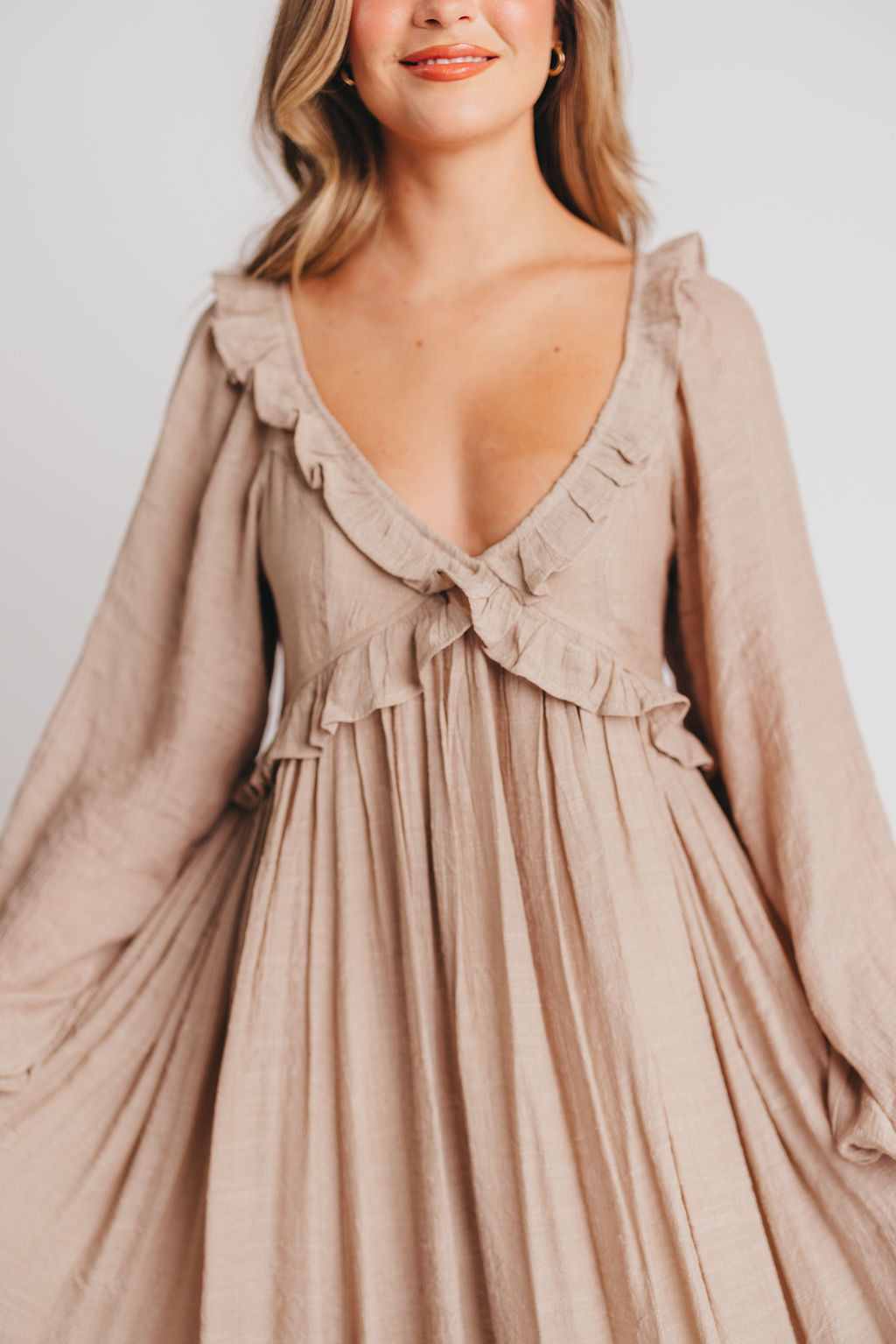 Let It Be Ruffled Maxi Dress with Plunging Neckline in Sand - Bump Friendly - INCLUSIVE SIZING S-2XL