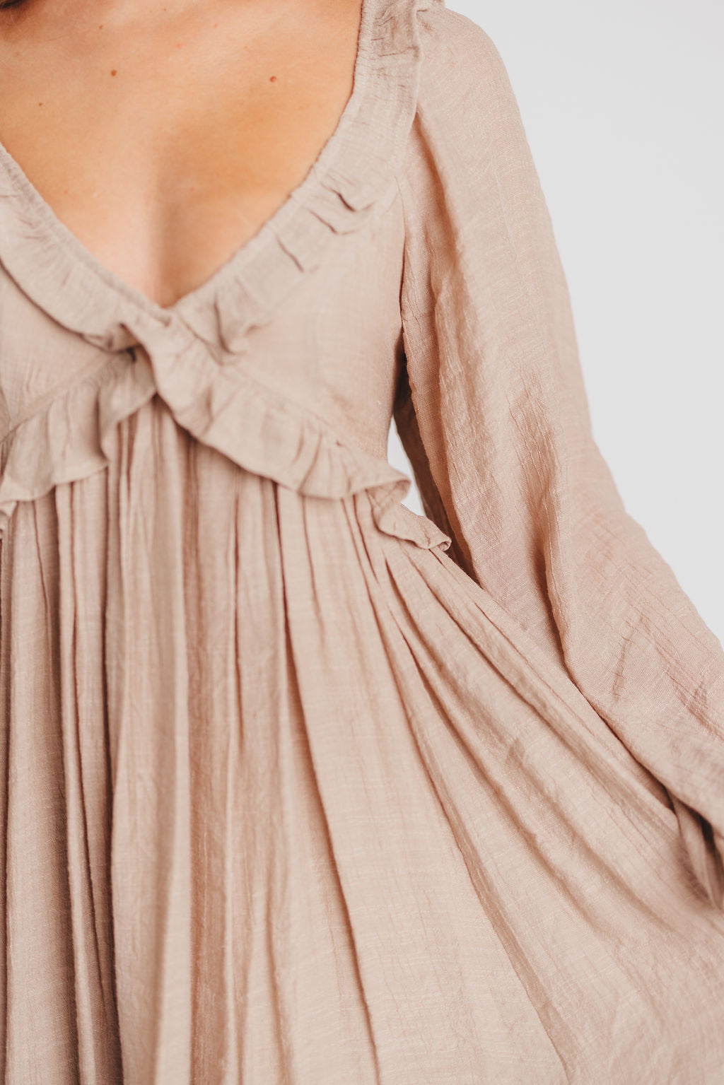 Let It Be Ruffled Maxi Dress with Plunging Neckline in Sand - Bump Friendly - INCLUSIVE SIZING S-2XL