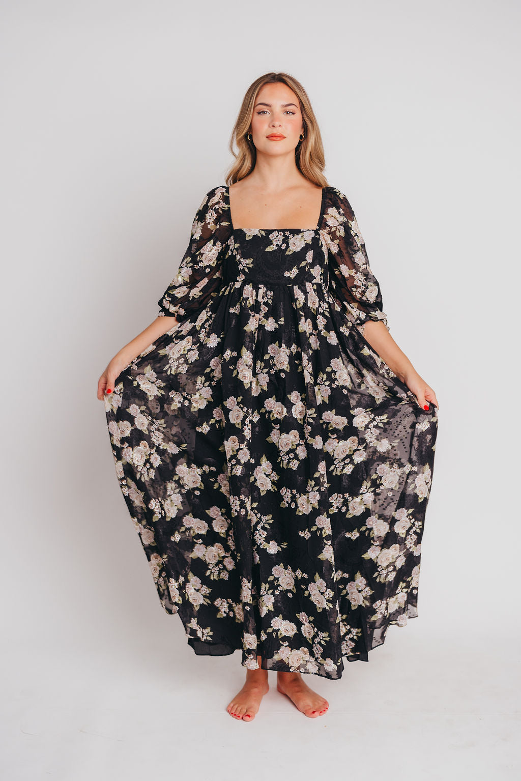 Mona Maxi Dress in Black/Beige Floral - Bump Friendly