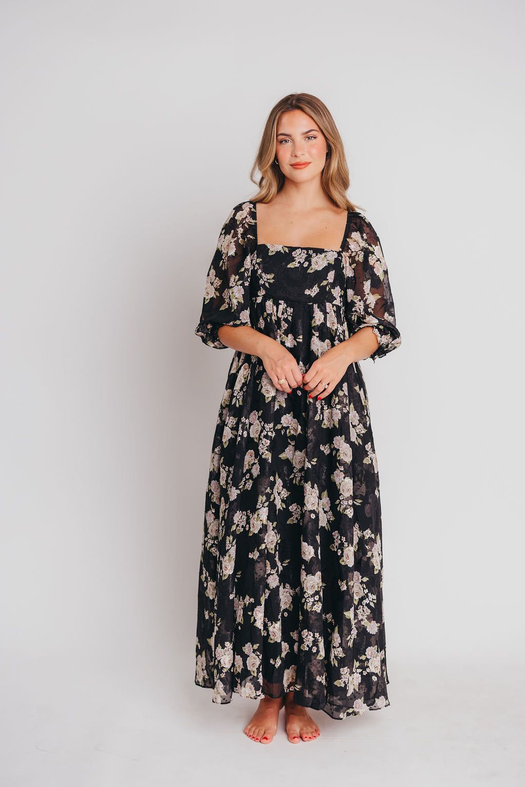 Mona Maxi Dress in Black/Beige Floral - Bump Friendly