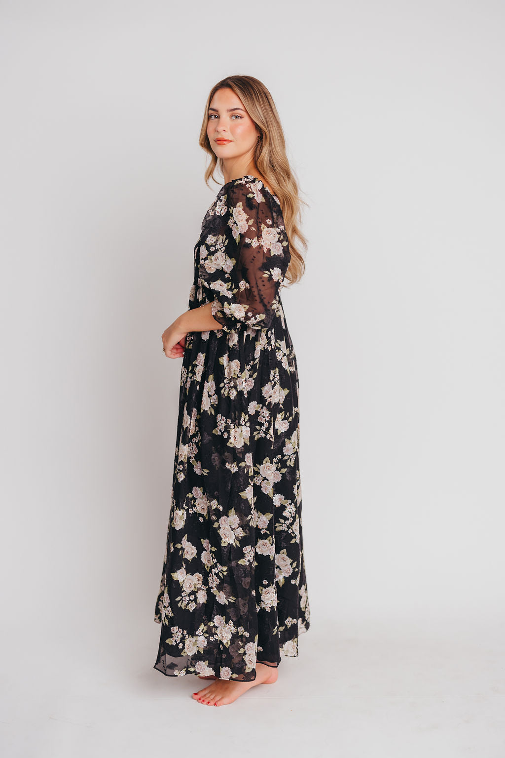 Mona Maxi Dress in Black/Beige Floral - Bump Friendly