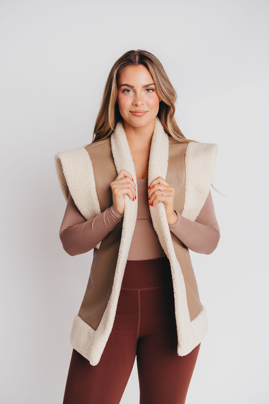 Camilla Vegan Leather Sherpa Vest in Taupe (Low Stock, Cannot Restock)