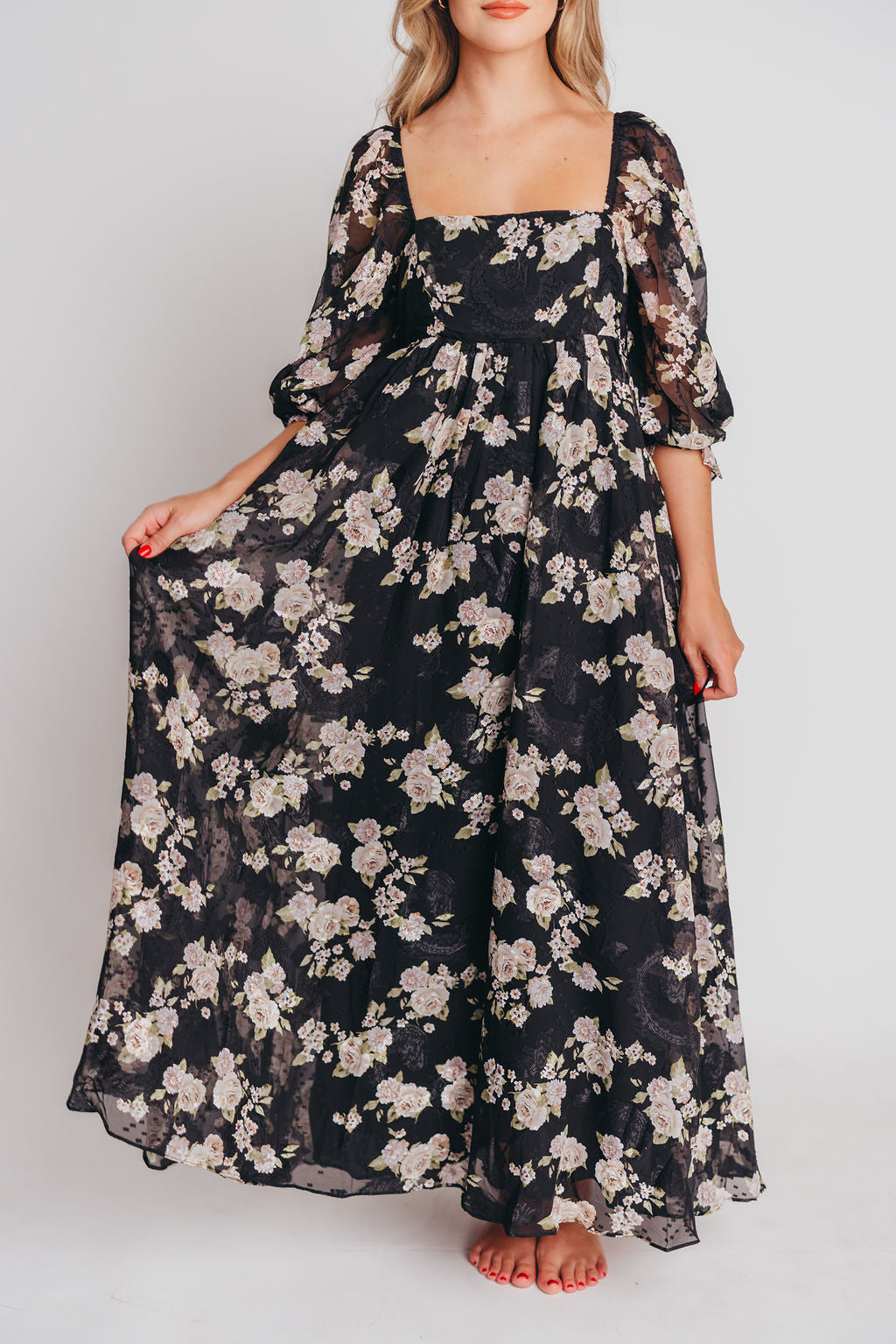 Mona Maxi Dress in Black/Beige Floral - Bump Friendly