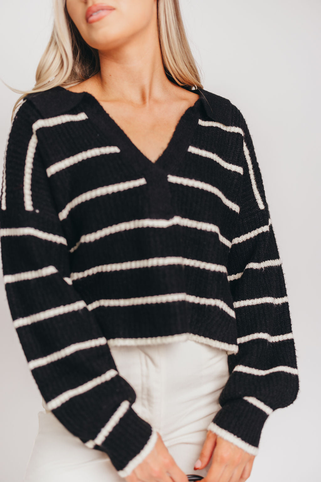 Holden Striped Collar Sweater in Black/Ivory