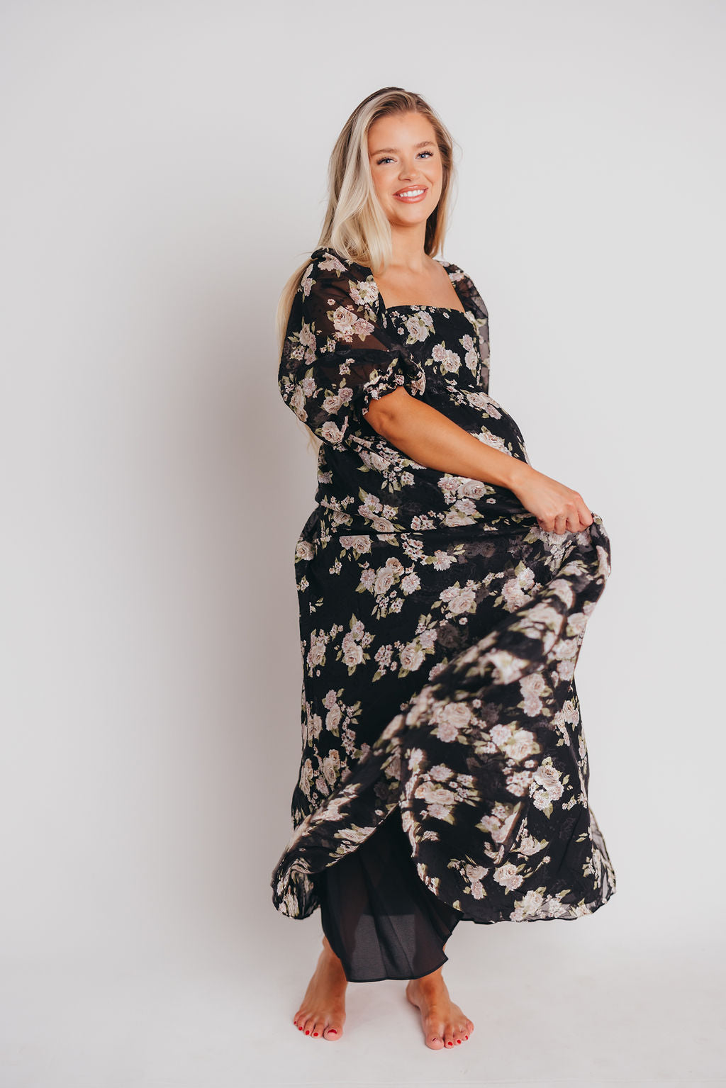 Mona Maxi Dress in Black/Beige Floral - Bump Friendly