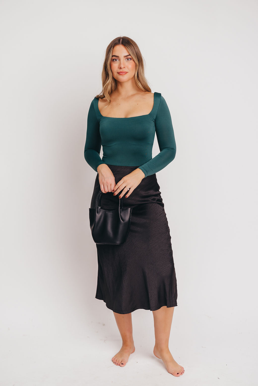 Joan Square Neck Long-Sleeved Bodysuit in Hunter Green (runs small)