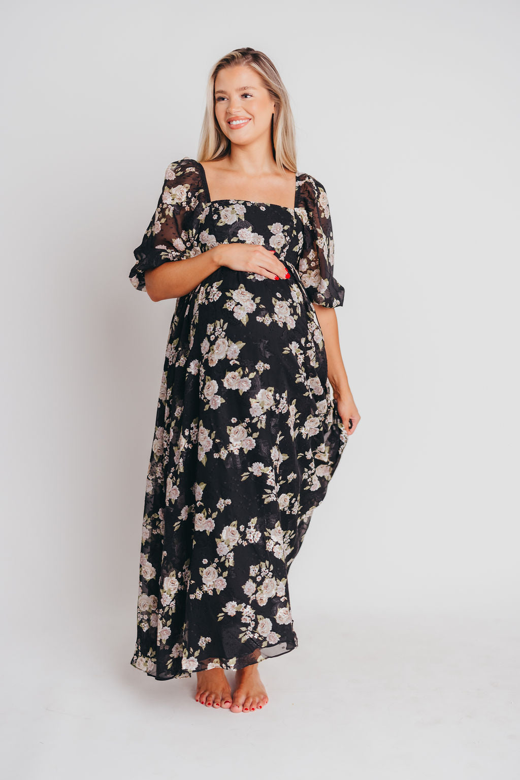 Mona Maxi Dress in Black/Beige Floral - Bump Friendly