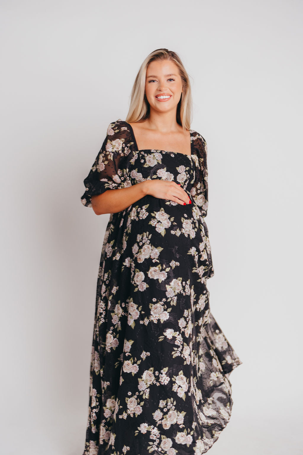 Mona Maxi Dress in Black/Beige Floral - Bump Friendly