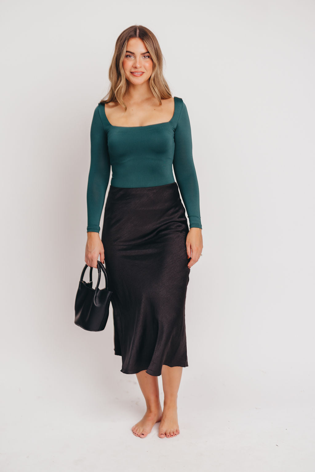 Slade Bias Satin Slip Skirt in Black