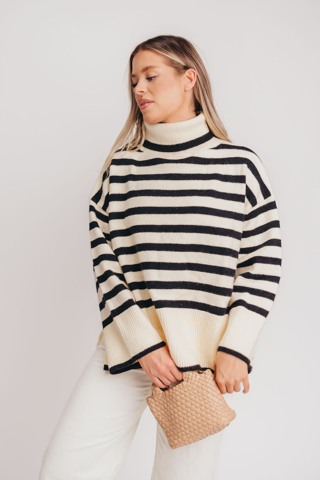 Lucy Turtleneck Sweater in Cream/Black Stripe
