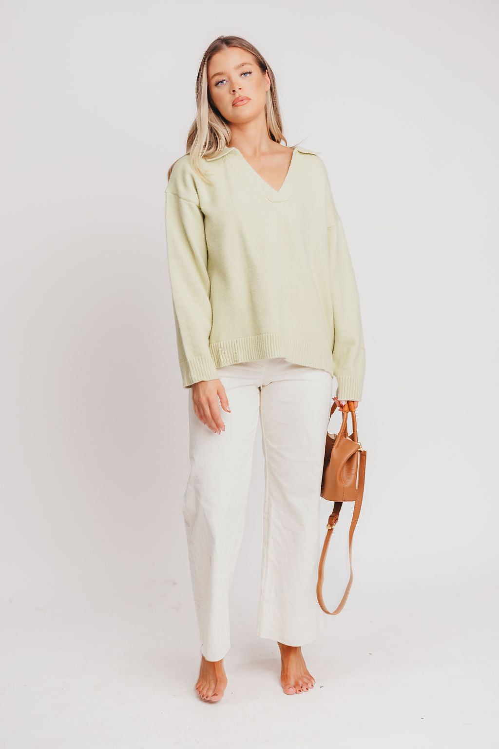 Stratford Collared V-Neck Sweater in Pale Sage