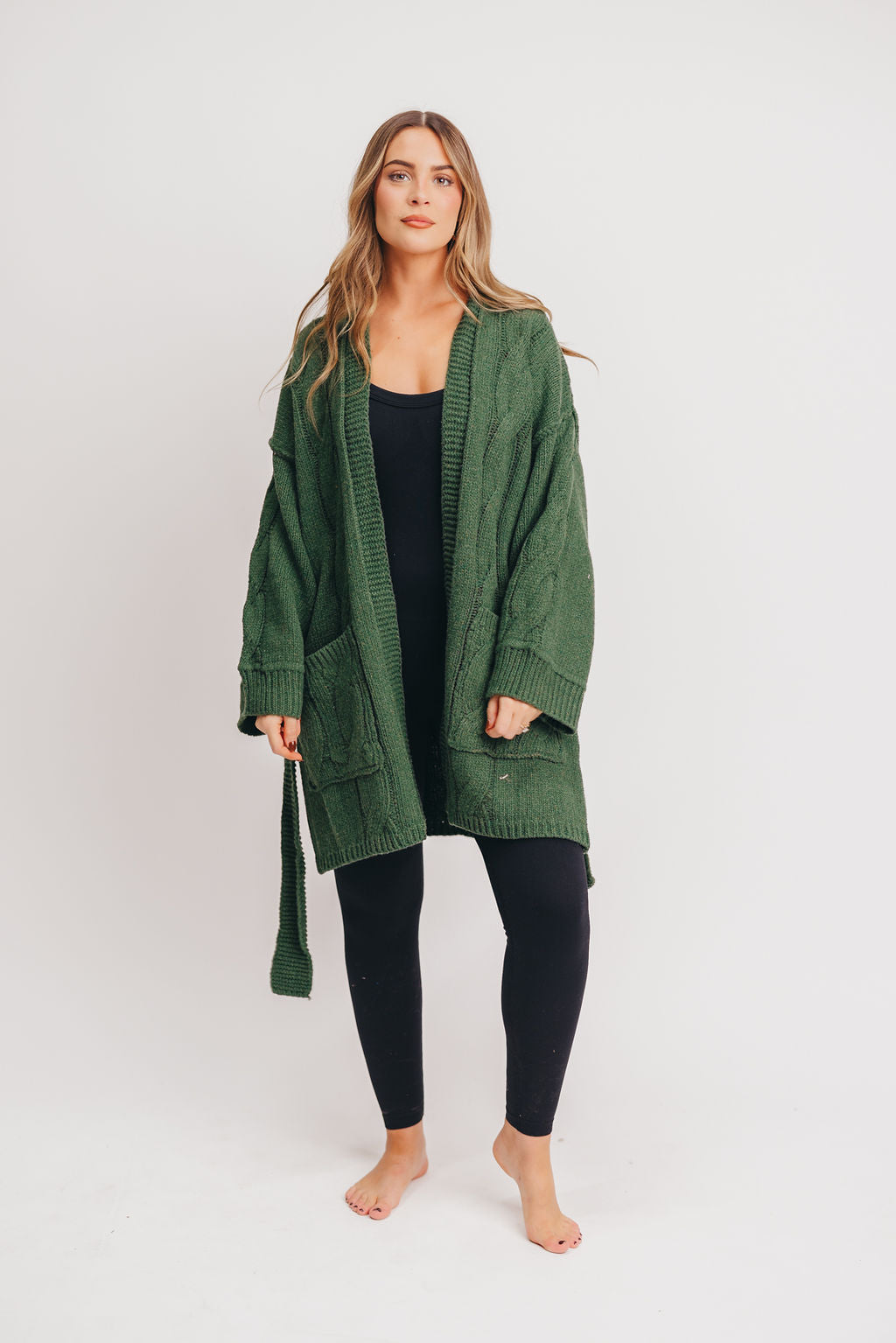Pueblo Open Front Cable Knit Cardigan with Belt in Green