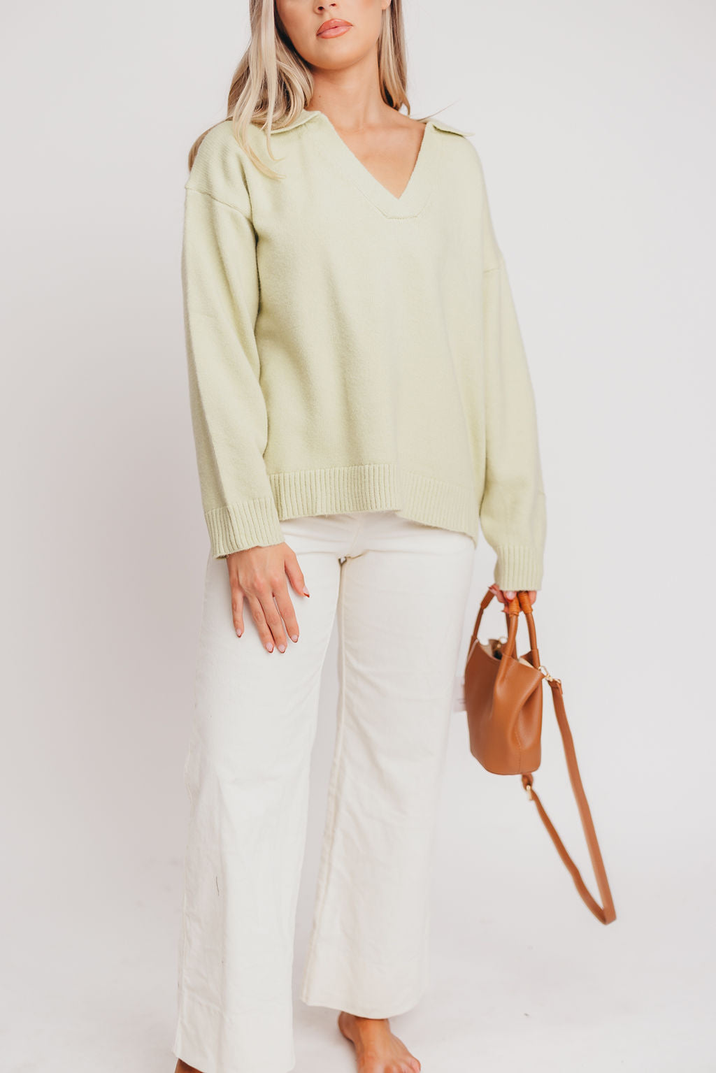 Stratford Collared V-Neck Sweater in Pale Sage