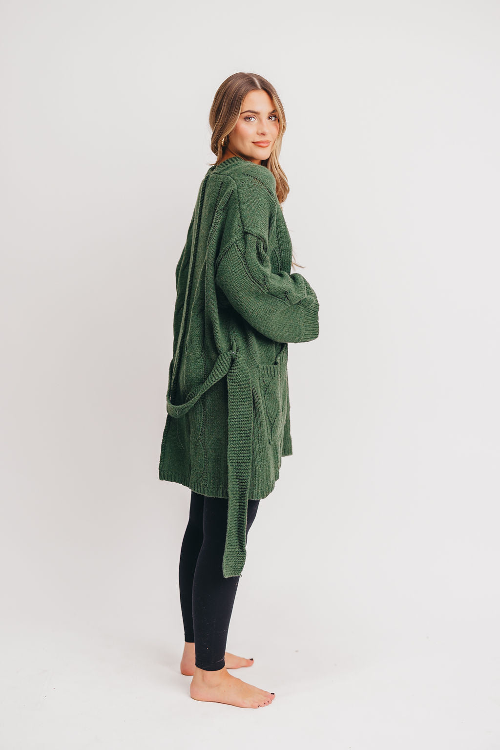 Pueblo Open Front Cable Knit Cardigan with Belt in Green